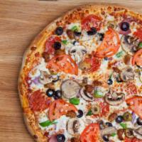 Supreme Pizza · Pepperoni, Canadian bacon, mushrooms, green and black olives, green peppers, onions, beef, s...