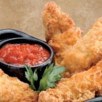 Chicken Tenders · Four pieces. Breaded and baked to perfection. Served with choice of dipping sauce. 
