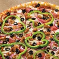 Deluxe Artisan Pizza · Red pizza sauce, pepperoni, fresh mushrooms, green peppers, red onions, black olives, Italia...