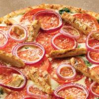 Chicken Spinaci Artisan Pizza · Grilled chicken, fresh baby spinach, tomatoes and red onions combined on a white garlic sauc...