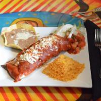 Burrito Zapata · Grilled steak, grilled chicken and chorizo. Topped with our cheese dip, tomatillo salsa and ...