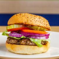 Burger · 1/3LB Hand-Made Lean USDA Beef, crisp lettuce, red ripe tomato slice, sliced red onions, han...