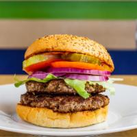 Double Burger · Two 1/3LB Hand-Made Lean USDA Beef, crisp lettuce, red ripe tomato slice, sliced red onions,...