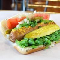 Chicago Style Hot Dog · Served with everything includes: mustard, relish, freshly chopped onions, red ripe tomato sl...