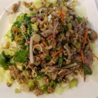 Chicken Larb Salad · Red chili powder, onion, lime juice, mint and rice powder.