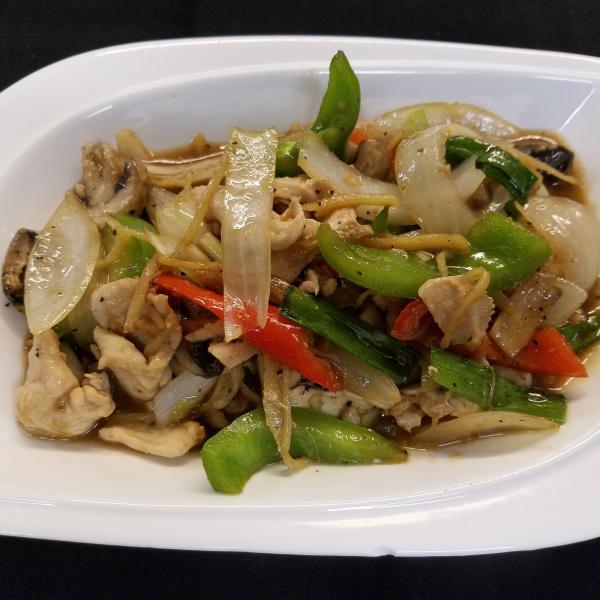 Sauteed Ginger · Sauteed choice of meat with ginger, mushroom, green onion, yellow onion, bell pepper and soybean sauce.