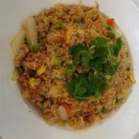 House Fried Rice · Stir fried rice with choice of meat, yellow and green onion, egg, carrot, pea and blended ho...