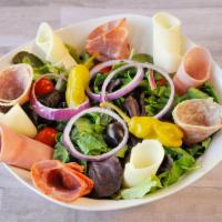 Antipasto Salad · Romaine lettuce and Arcadian mix with ham, salami, capicola, provolone cheese, tomatoes, pep...