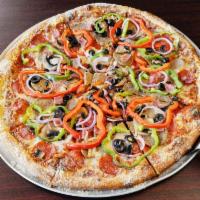 Doro's Deluxe Pizza · Pepperoni, sausage, meatball, ham, peppers, onion, mushroom and black olives. Made with home...