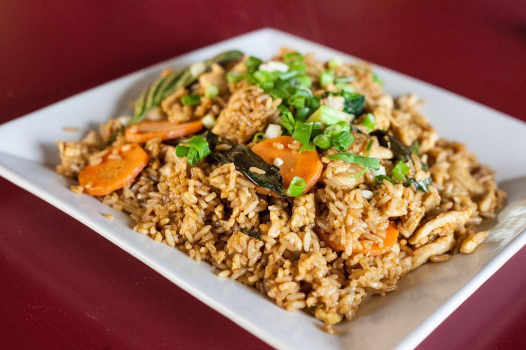 Basil Fried Rice Tray (serves 7) · Fried rice, Basil, broccoli, carrot and green onion. Spicy sauce.