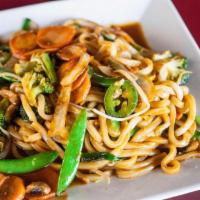 Stir Fry Spicy Udon · Udon noodles stir-fried with fresh jalapeno, bean sprout and yellow and green onions.
