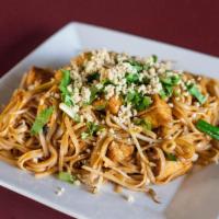Bangkok Spicy Noodles · Rice noodles, spicy Thai sauce, basil, bean sprouts, yellow and green onions, peanuts and ci...