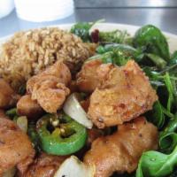Chef's Special Jalapeno Pepper Chicken · Crispy chicken breast, Jalapeno, yellow & green onion. Serves with spinach, tossed green bea...
