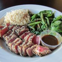Chef's Special Seared Ahi Tuna · Seared Tuna with white & black pepper, sesame seeds. Serves with spinach, tossed green beans...