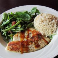 Chef's Special Grilled Cajun Fish · Cajun seasoning fish fillet. Serves with spinach, tossed green beans with bacon and choice o...