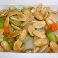 33a. Almond Chicken · Diced chicken with carrots, celery and water chestnut in white sauce with almonds on top. Wi...