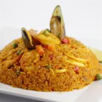 Seafood Peruvian Rice · Arroz chaufa de mariscos.