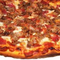Meat Supreme Pizza · Italian sausage, pepperoni, salami, meatballs, and bacon.