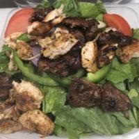 Meat Al Amore Salad · Mixture of steak tips and grilled chicken, romaine lettuce, vine ripe tomatoes, green pepper...