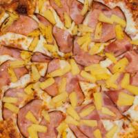 Hawaiian Pizza · Canadian ham, pineapple with tomato sauce and mozzarella cheese.