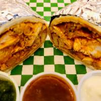 Chicken Tikka Masala Burrito! · Chicken Tikka Masala, Chickpeas, Basmati Rice and Pokora Fries Wrapped Up in a Naan Bread!
