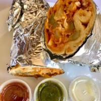 Veggie Naan Burrito! · Veggie Tikka Masala, Paneer Cheese, Chickpeas Curry, Basmati Rice and Pokora Fries All Wrapp...