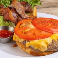Bacon Cheeseburger · 10 oz. choice beef served with bacon, lettuce, tomato and American cheese on a brioche bun.