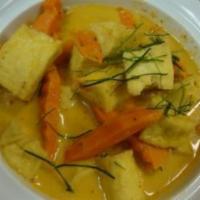 Panang Curry · Hot and spicy. Panang curry paste, coconut milk, carrots and bell peppers. Served with jasmi...