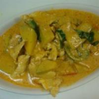 Pumpkin Red Curry · Hot and spicy. Pumpkin, bell pepper, green beans, bamboo shoot and basil in red curry sauce ...