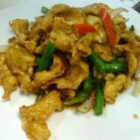 Crispy Chicken Basil · Hot and spicy. Crispy chicken topped with sauteed onion, bell peppers, green beans and basil...