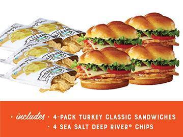 Smoked Turkey Classic Sandwich 4-Pack · Perfect for folks on-the-go. Try our new smoked turkey classic sandwich 4-pack for lunch or dinner. This sandwich pack includes four honey baked smoked turkey classic sandwiches. Each sandwich comes with a bag of deep river sea salt kettle-cooked potato chips. Serves 4.