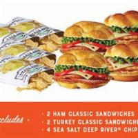 Ham & Smoked Turkey Classic Sandwich 4- Pack · Combination choice of four Ham or Smoked Turkey Classic Sandwiches with four packs of Chips.