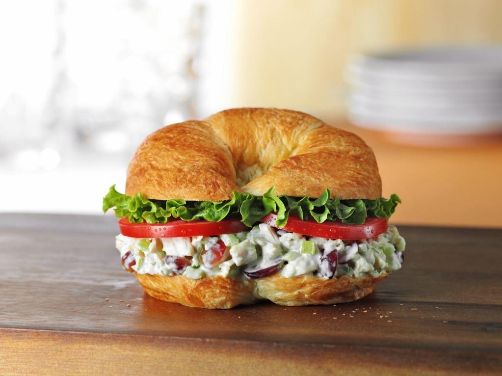 Chicken Salad Sandwich · Freshly made Chicken Salad with lettuce & tomato on a flaky croissant