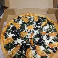 Greek Pizza · Pizza cheese, pizza sauce, feta cheese, spinach, black olives and tomatoes.