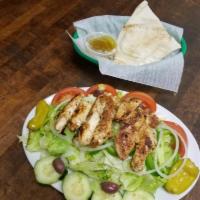 Grilled Chicken Salad · Lettuce, tomato, onions, green peppers, cucumbers, olives, pepperoncini, grilled chicken and...