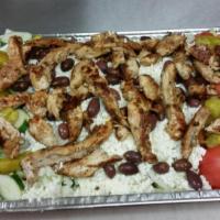 Greek with Chicken Salad · Grilled chicken, pepperoncini, olives, cucumbers, green peppers, onions, tomato, lettuce, fe...