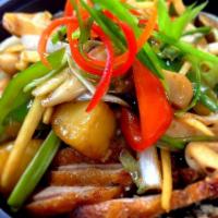 Thai Ginger Crispy Duck · Sauteed crispy duck with ginger, onions, bell peppers, pineapple, mushrooms and scallions in...