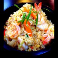 Shrimp Fried Rice · Stir-fried white rice, eggs, black pepper, onions, carrots and scallions.