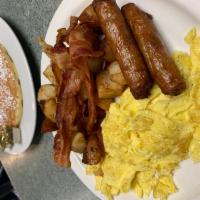 Brewers Corner · 2 eggs, 2 sausages, 2 bacon and home fries, toast Choice: 1 pancake, 1 pc of French toast or...