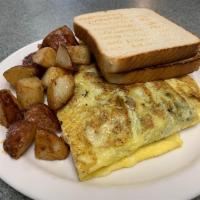 Western Omelette · 3 eggs served with home fries and toast. Ham, peppers, onions and cheese