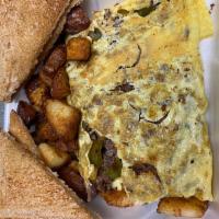 Granite Street Omelette · Shaved steak, peppers, onions and cheese. 3 eggs served with home fries and toast.