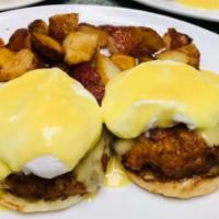 Crab Cake Benedict · 2 poached eggs and crab cake on an English muffin. Served with home fries and creamy homemad...