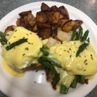 Easy Eggs Benedict with Asparagus · Over easy fried eggs, grilled Asoaragus, on a croissant, topped with homemade hollandaise sa...