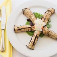 Rotolini Di Melanzane · Rolls of roasted eggplant filled with gorgonzola, pesto, and walnuts
