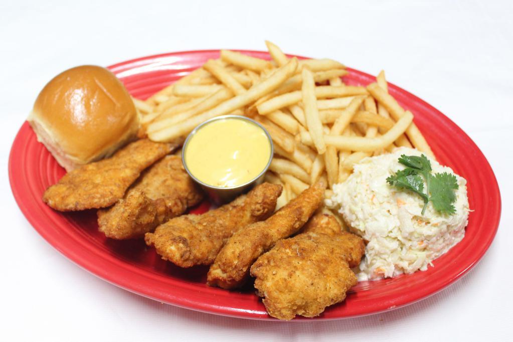 Pechuguitas- Chicken Tenders · 4 Chicken tenders. Served with French fries, coleslaw and bread.