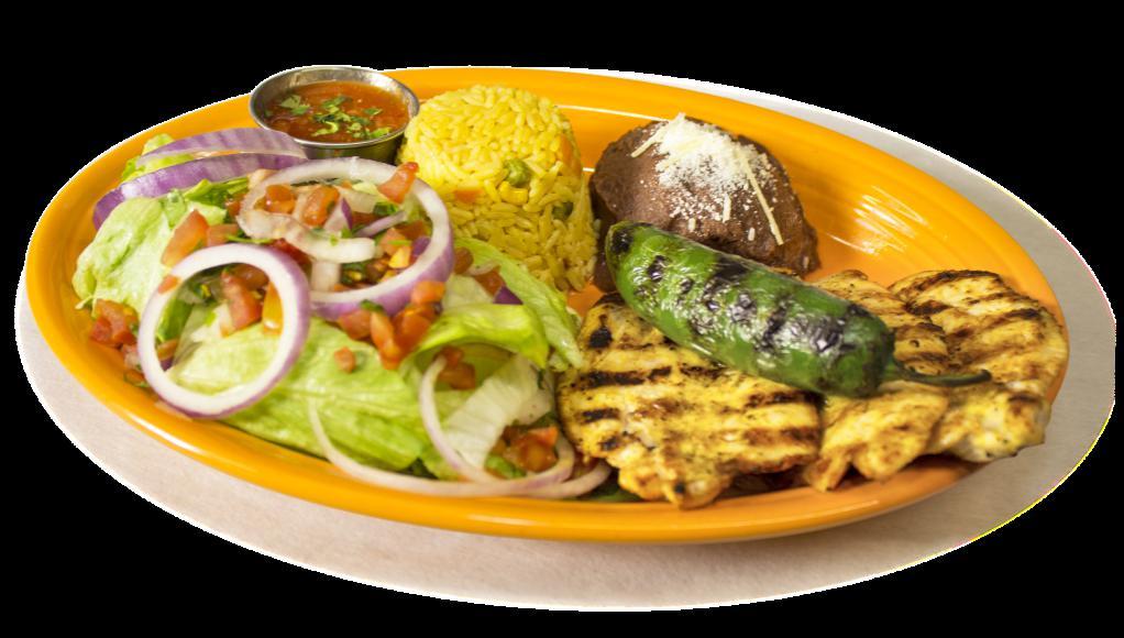 Pechuguitas a la Parrilla · Grilled chicken tenders. Served with rice, beans, salad and tortillas.