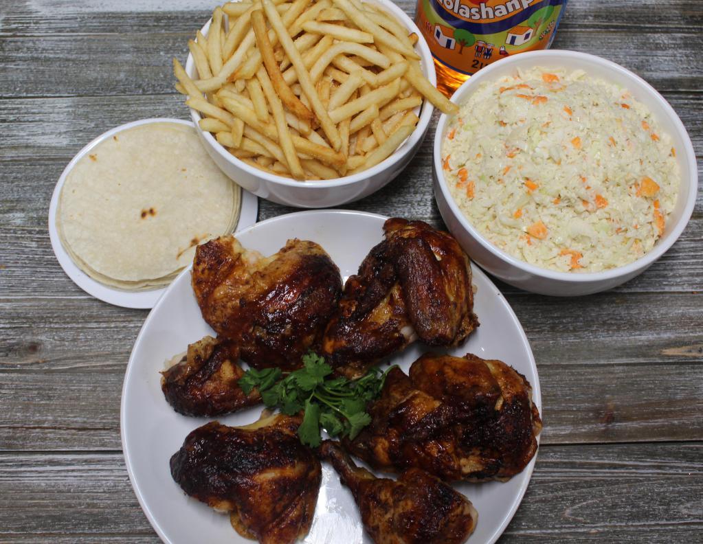 Grilled Combo · Whole grilled chicken, 2 large sides , 1 order of tortillas and a 2 liter soda.
