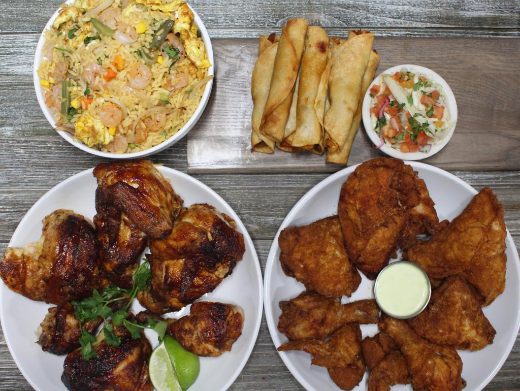 Royal Combo · Whole grilled chicken cut into 4 or 8 pieces, pieces of fried chicken, crispy chicken tacos and an order of royal rice (or side of your choice).