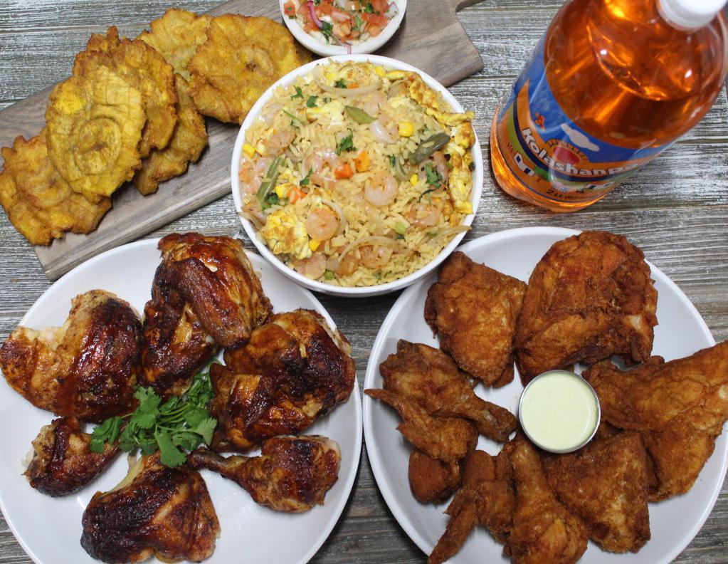 Mix Combo · 1 whole chicken, 6 pieces of fried chicken (leg and thigh), Large arroz Royal, large tostones (or sides of your choice) and a 2 liter soda