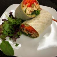 Grilled Chicken Wrap · Grilled chicken breast, mixed greens, carrots, tomatoes, red cabbage, cucumbers and bell pep...